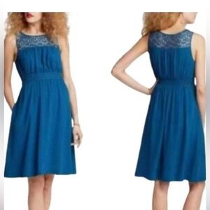 Anthropologie HD in Paris Fit & Flare Teal Blue Dress Lace Accents Cocktail